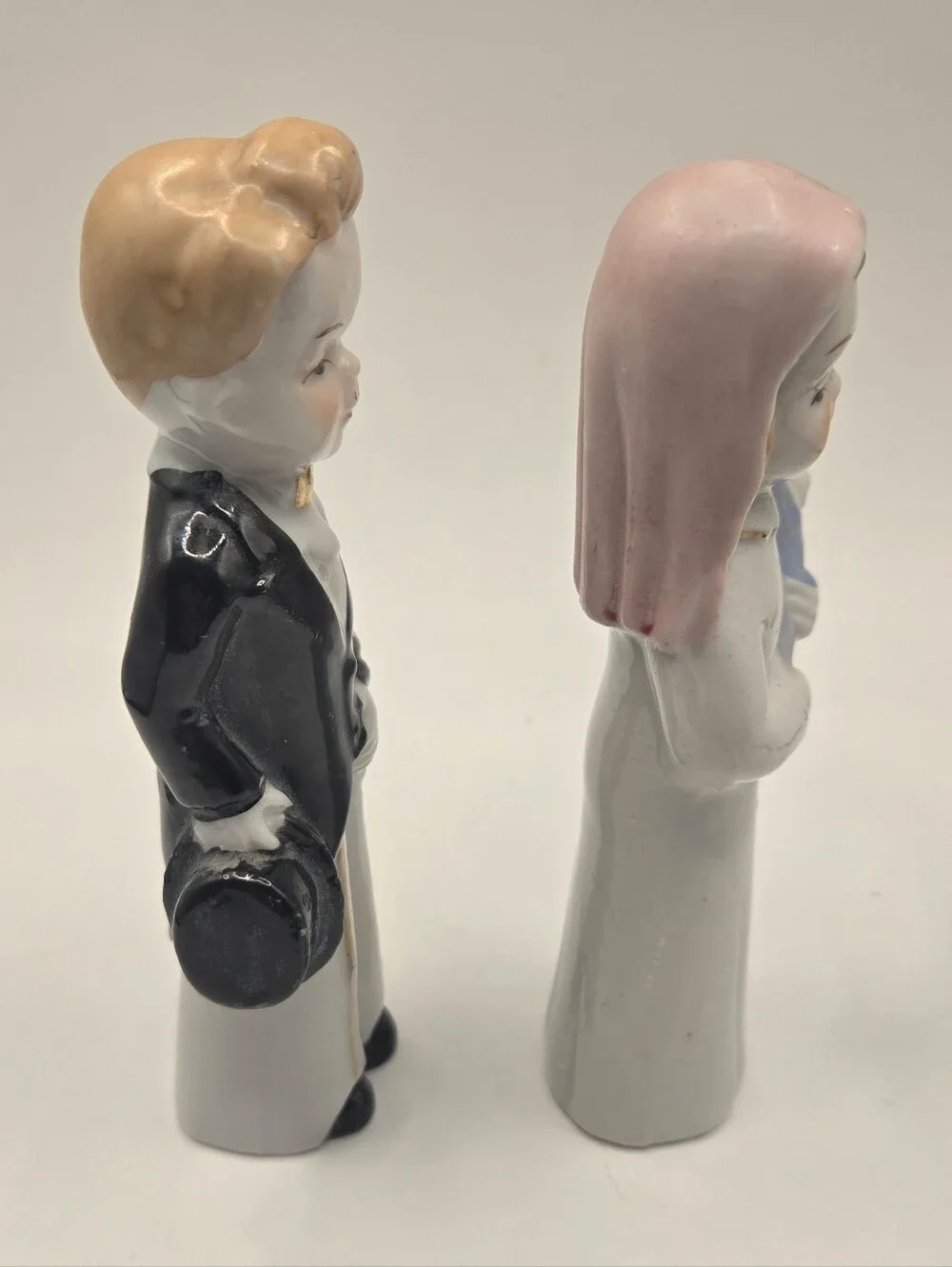 Vintage Porcelain Pair Wedding Cake Topper  Bride Groom Gold Accents 1950s Japan